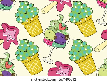Seamless pattern with ice cream on a stick. Flat cartoon style. Vector illustration. Graphic for fabric.