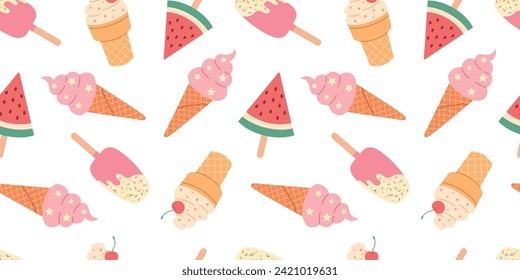 Seamless pattern with ice cream on a white background