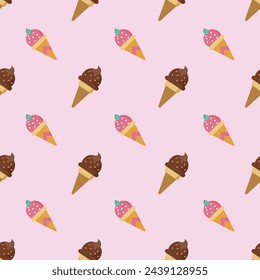 Seamless pattern with ice cream on pink background. Vector illustration.