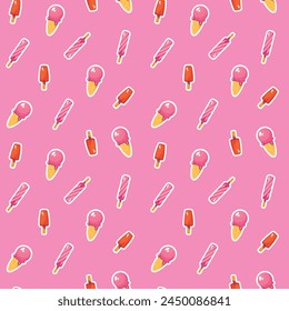 Seamless pattern with ice cream on pink background. Vector illustration.