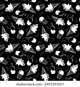 Seamless pattern of ice cream on a black background, for packaging, notebook covers, wallpaper, background, in a simple vector style. Popsicle ice cream on a stick and in waffle cones.