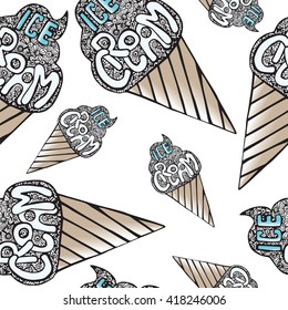 Seamless pattern with ice cream on the white background, hand drawing waffle cone and lettering inscription, black and white isolated vector illustration.