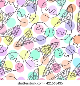 Seamless pattern with ice cream on a polka dot background.