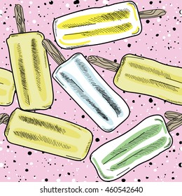 
Seamless pattern with ice cream on a stick. Bright summer background .