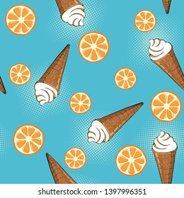 Seamless pattern. Ice cream and orange on blue background. Vector illustration