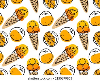 Seamless pattern with Ice Cream and orange fruits. Ice Cream repeated Vector illustration. Frozen Food template for cafe, restaurant menu, textile, wallpaper, scrapbooking, wrapping paper