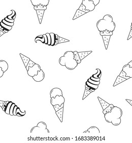 Seamless pattern with ice cream in outline. Beach party background. Juicy summer time texture with cold yogurt, caramel for textile.