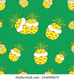 seamless pattern ice cream in pineapple with green leaves.