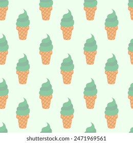 Seamless pattern. Ice cream pistachio or mint in waffle cone. Summer time sweet food background. Vector flat illustration.