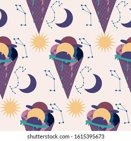 seamless pattern with ice cream and planets, perfect to use on the web or in print