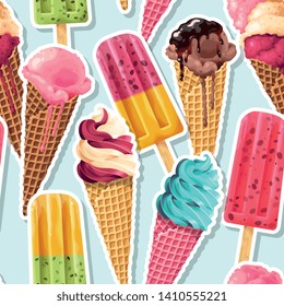 Seamless pattern with ice cream and ice pop on blue background