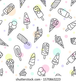 Seamless pattern with Ice cream. Popsicle ice cream and waffle cones. Vector illustration in doodle and cartoon style.