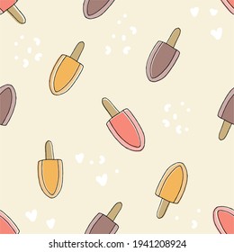 Patrón sin foco con helado, pala.  Fondo vector dibujado a mano. Elementos de diseño para impresiones, papel, textil, tela, fondo infantil