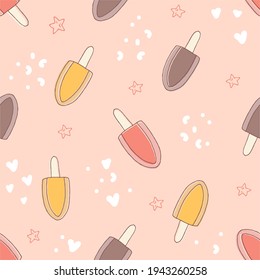 Patrón sin foco con helado, pala.  Fondo vector dibujado a mano. Elementos de diseño para impresiones, papel, textil, tela, fondo infantil