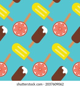 Seamless pattern ice cream popsicle in chocolate, lemon stick and orange slice. Design for fabric, wrapping paper, cover, web, print, wallpaper, textile