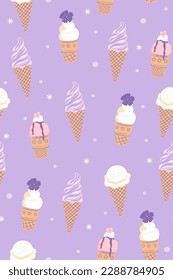 Seamless pattern with ice cream in purple colors. Vector graphics.