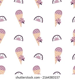 Seamless pattern with ice cream and rainbows. Festive modern wallpaper. Vector handmade background