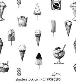 Seamless pattern with ice cream. Realistic ice cream. Vector illustration in sketch style.