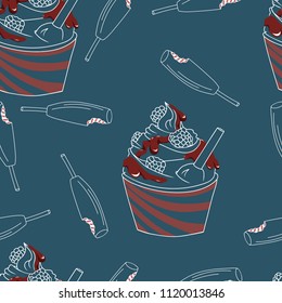 seamless pattern with ice cream with red jam in a glass and ice cream on a stick on a blue backgrounds