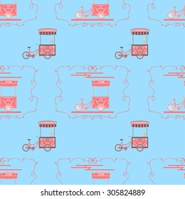 Seamless Pattern with Ice Cream Retro Bicycle Cart. Vector Background.