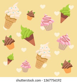 The Seamless pattern of ice cream set. vanilla , green tea, chocolate and strawberry ice cream cone with hear in flat vector style. Illustration for background, graphic,content , banner, sticker