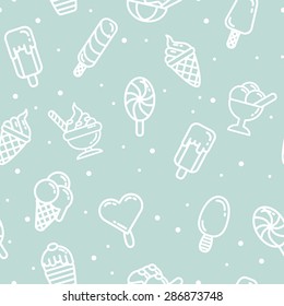 Seamless pattern with ice cream signs on blue, vector illustration