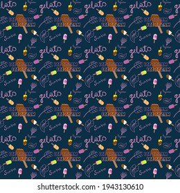 Seamless pattern with ice cream, sketched plants and lettering on dark blue background