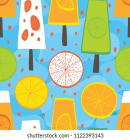 Seamless pattern of ice cream and slices of tropical fruits on a blue background. Vector illustrations drawn by hands.