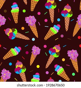 Seamless pattern ice cream with sprinkles and topping. Different types of ice cream. Ice cream balls. Vector illustration on dark background