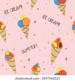 Seamless pattern with ice cream, star. flat children's background with dessert, food. graphics for print, holiday, wallpaper, banner, surface textures, fabric. vector art illustration
