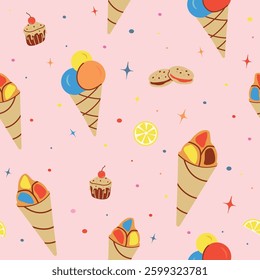Seamless pattern with ice cream, star. flat children's background with dessert, food. graphics for print, holiday, wallpaper, banner, surface textures, fabric. vector art illustration