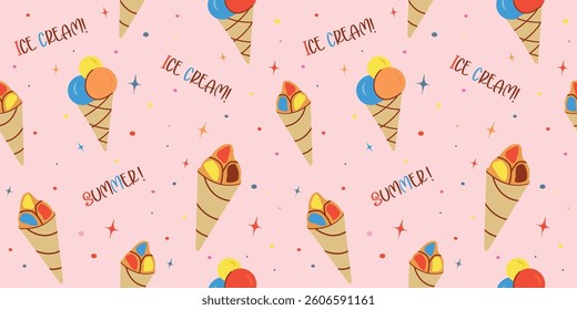 Seamless pattern with ice cream, star. flat children's background with dessert, food. graphics for print, holiday, wallpaper, banner, surface textures, fabric. vector art illustration