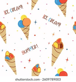 Seamless pattern with ice cream, star. flat children's background with dessert, food. graphics for print, holiday, wallpaper, banner, surface textures, fabric. vector art illustration