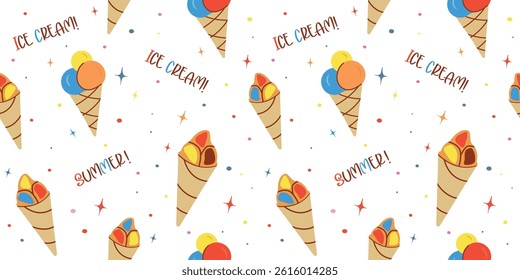 Seamless pattern with ice cream, star. flat children's background with dessert, food. graphics for print, holiday, wallpaper, banner, surface textures, fabric. vector art illustration
