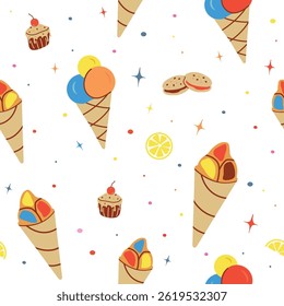 Padrão contínuo com sorvete, estrela. plano fundo das crianças com sobremesa, comida. gráficos para impressão, feriado, papel de parede, banner, texturas de superfície, tecido. ilustração de arte vetorial