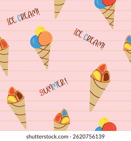 Padrão contínuo com sorvete, estrela. plano fundo das crianças com sobremesa, comida. gráficos para impressão, feriado, papel de parede, banner, texturas de superfície, tecido. ilustração de arte vetorial