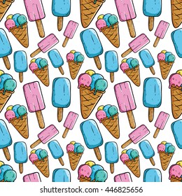 Seamless pattern of ice cream stick and cone on white background