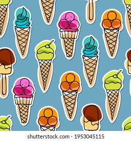Seamless pattern with Ice Cream stickers. Different versions Ice Cream. Vector illustration. Summer food template for cafe or restaurant menu, textile, wallpaper, scrapbooking, invitation, party decor