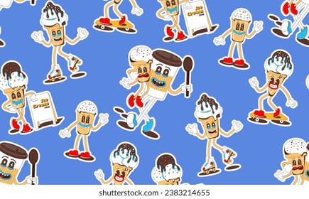 Seamless pattern with ice cream stickers. Vector background with cute ice cream and coffee characters in retro cartoon style.