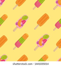 Seamless pattern of ice cream with strawberries, kiwi, orange. Pattern in cartoon style on white background for menu, banner, flyer, poster, fabric, wallpaper, textile. Vector