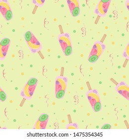 Seamless pattern of ice cream with strawberries, kiwi, orange. Pattern in cartoon style on white background for menu, banner, flyer, poster, fabric, wallpaper, textile. Vector illustration