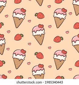 Seamless pattern with ice cream, strawberries and hearts. Cute pattern for decoration design, backgrounds, fashion, stationery, wrapping paper, textile, scrapbooking, web design. Vector illustration.