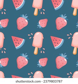 Seamless pattern, ice cream, strawberries and watermelon pieces. Sweet food background, print, vector