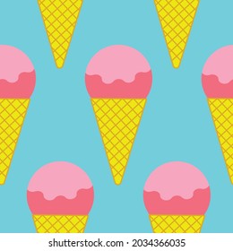 Seamless pattern ice cream strawberry ball in a waffle cone. Design for fabric, wrapping paper, cover, web, print, wallpaper, textile