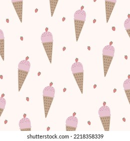 Patrón inmaculado de helados y fresas en colores pastel. Se puede usar para tejidos, tapicería, textiles, envolvimiento.