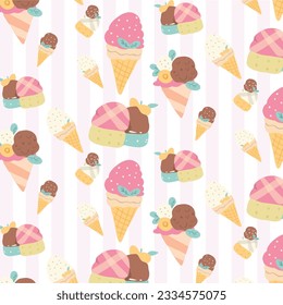 seamless pattern ice cream with strawberry vanilla and chocolate flavors