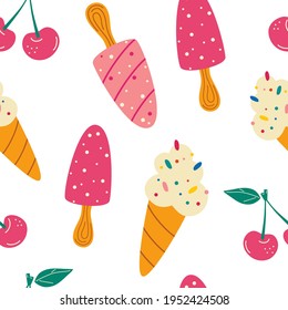 Seamless pattern with ice cream. Summer pattern, sweet desserts, cherry. For fabrics, wallpapers, ornamental template for design and decoration. Vector cartoon background.