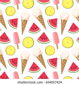 Seamless pattern with ice cream and summer fruits