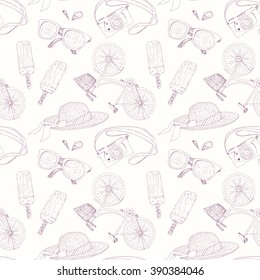 Seamless pattern with ice cream, sunglasses, female bicycle, sea cockleshells, camera, beach hat... Hand drawn Vector illustration. Spring, summer, beach concepts of backgrounds. Realistic sketches.