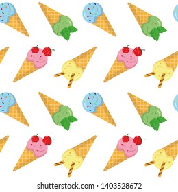 Seamless pattern with ice cream. Sweet ice cream in waffle cones on white background.